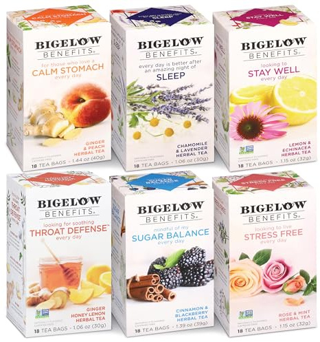 Bigelow Benefits Wellness Teas Variety Pack, Mixed Caffeinated Green Matcha & Caffeine-Free Herbal Tea, 18 Count (Pack of 6), 108 Total Tea Bags (Packaging May Vary)