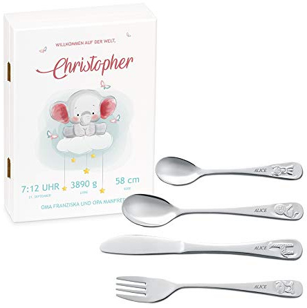 Maverton Kinderbesteck Set mit Gravur + Holzbox mit Aufdruck - mit Tieren - aus Edelstahl - Weiß - Geschenk für Jungen zum Geburtstag zur Taufe Geburt - Elefant