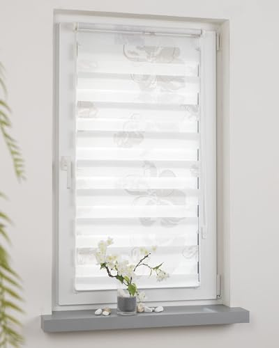 DECOLIA by Garesa Duo Rollo - Doppelrollo Klemmfix ohne Bohren 85 x 150 cm, Weiß/Taupe mit Blumen - Fenster Sichtschutz und Lichtschutz, Mit Kettenzug