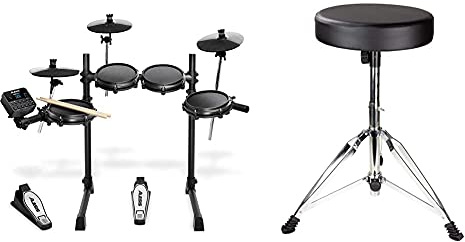 Alesis Turbo Mesh Kit- E Schlagzeug Elektronisch/7-teiliges E Drum Set mit Mesh-Heads, über 100 Sounds und 30 Play-Along-Tracks & RockJam verstellbare Trommel Stuhltrommel Stuhl mit gepolstertem Sitz
