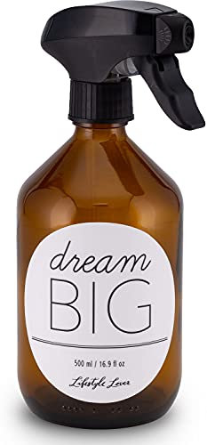 Lifestyle Lover Pack de 2 botellas pulverizadoras de 300 ml – 2 botellas de cristal marrón con pulverizador y tapón de rosca (dream Big 500 ml)