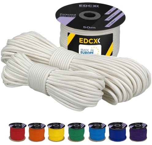 EdcX 4 mm Polyester Paracord 550 25+ Farben (15, 30 und 50 m) – Typ III, 100% Nylonseil, 7 Litzen Seil, 4mm Nylonseil in vielen Farben | Solid Colors