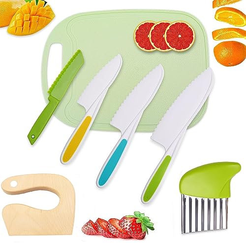Yiomxhi Kinder Kunststoff Küchenmesser Set, Kindermesser 7-Teiliges Set Sicher Küchenmesser aus Holz, Schneidbrett, Obstmesser Gemüsemesser mit Gezackten Schneidekanten für Obst Brot Gemüse