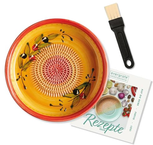 evergrate Keramikreibe Dipschale im Motiv Juan mit Küchenpinsel und Rezeptheft