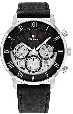 Tommy Hilfiger Montre Analogique Multifunction à Quartz pour Homme avec Bracelet en Cuir Noir - 1710565