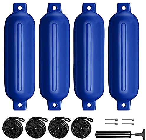 Sailortenx Boat Fenders 4 Pack 6.5 Inch Inflatable Ribbed Marine Boat Fender with Fender Lines 6.5 ft Needles and Pump for Twin Eyes Boat Fender Bumpers for Docking Fenders Use to Yacht Etc（Blue