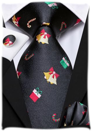 Hi-Tie Herren Schwarz Weihnachten Krawatte Set gewebte Seidenkrawatte und Einstecktuch Manschettenknöpfe Set für formale Business