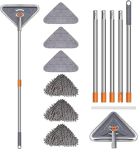 Fregona de pared con mango largo giratorio de 360 ° triangular, de microfibra, mopa de limpieza de pared ajustable para polvo seco y húmedo para limpieza de suelos, techos, ventanas, paredes.