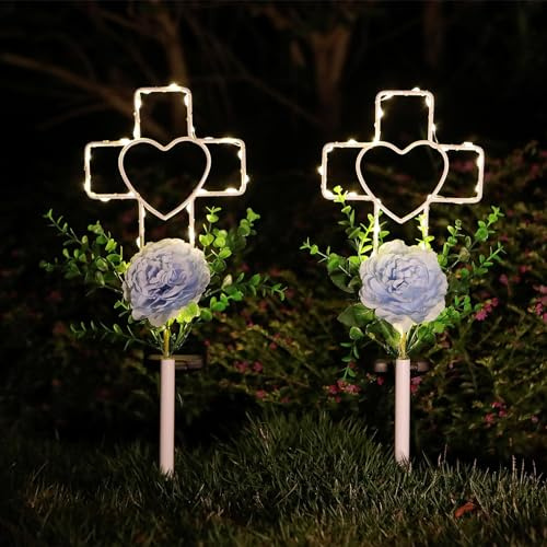 Joyathome 2 Stück 40,6 cm Solar-Herz-Gartenstecker mit Grabdekorationen für Gedenkfriedhof Blumen Metall Garten Kunst für Terrasse Rasen Garten Dekor Solar Outdoor Liebe