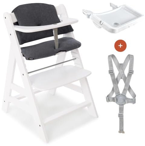 hauck Hochstuhl Alpha+ mit Essbrett Alpha Tray und Sitzpolster - Mitwachsender Babystuhl aus Holz, Kinderhochstuhl ab 6 Monate, verstellbar - Weiß