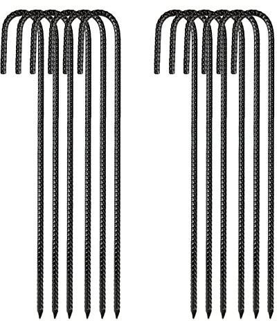 Confezione da 12 pali per cemento armato da 40,6 cm, resistenti, con gancio a J, picchetti per tenda, in acciaio zincato, per tenda da campeggio, recinzioni a catena (nero)