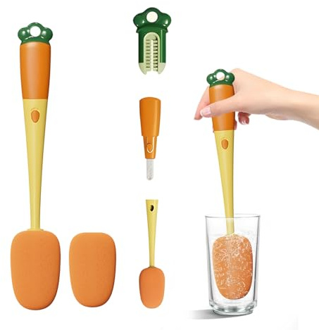 AUSYIWI Goupillon Biberon,Brosse de Nettoyage,Ecouvillon Bouteille,Brosse Biberon Bébé,Brosse à Vaisselle Tres Long Manche,avec 2 Embouts Eponge de Remplacement,pour Laver Bocaux en Verre,Becs