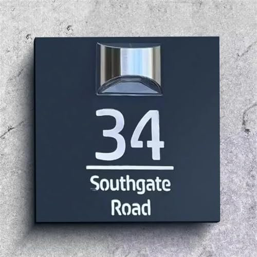 Letrero solar personalizado para casa con luz solar, placa de nombre de puerta cortada con láser 3D, placa LED moderna con números, placa de número de dirección solar (20 x 20 cm, negro y plateado)