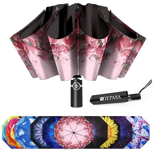 SIEPASA Windproof Travel Compact Umbrella-Automatic Umbrellas for Rain- Folding Umbrella, Travel Compact Umbrella.(Inverted/Tulip)