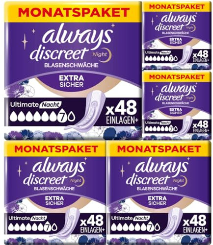 Discreet Ultimate Nacht Inkontinenzeinlagen für Frauen Monatspaket 48 STÜCK x 5 Packungen