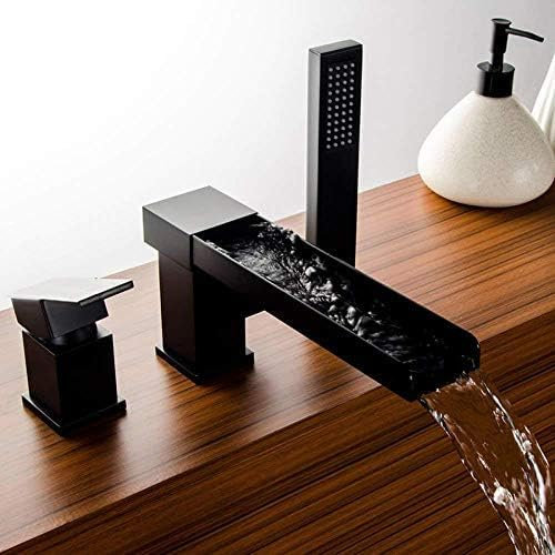 BGFYUSF Mattschwarzer Chrom-Wasserfall-Badewannen-Wasserhahn mit herausziehbarer Handbrause, Einhebel-Mischbatterie, Wasserfall-Waschtischarmatur