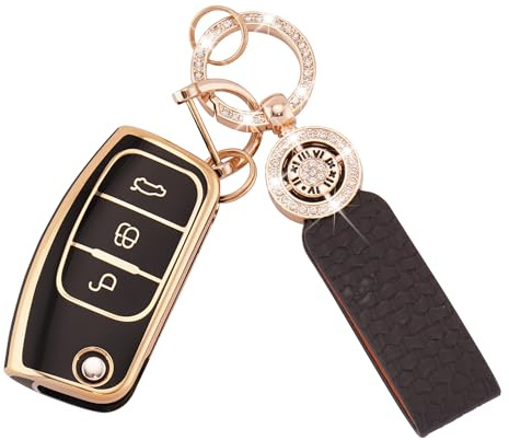 Autoschlüssel Hülle für Ford Zubehör 3 Tasten TPU Schlüsselhülle | für Focus Fiesta Galaxy Kuga C-Max S-Max Mondeo MK4 Auto Schlüsselcover Schlüssel Hülle mit Schlüsselanhänger Schwarz Gold