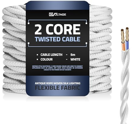 DC VOLTAGE 5m 2 Core Twisted Cable Flexible Wire Lamp Cord, 2 Conductor 16.4ft Fabric Covered Electrical Cable Antique Style Wiring Cloth Covered Braided DIY Lighting Electrical Cord (White)