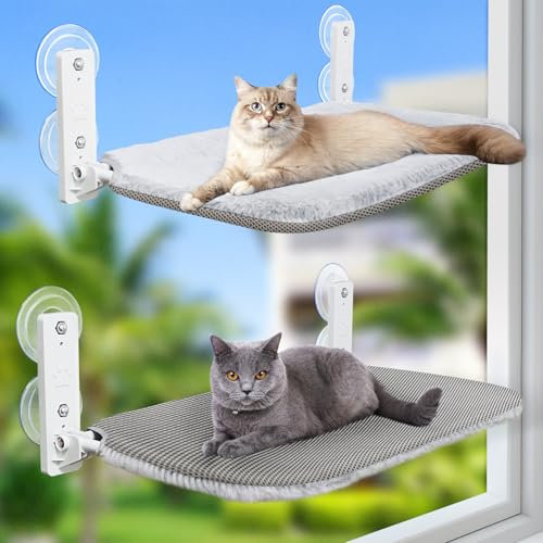 GUUSII HOME 2PCS Hamac Chat Fenetre Lit Perchoir Panier Suspendu Pliable Etagere pour Petits et Grands Chats Fenêtre Transat Robuste avec Ventouses Stables 52 * 30cm Supporte 25kg (Gris Clair, M)