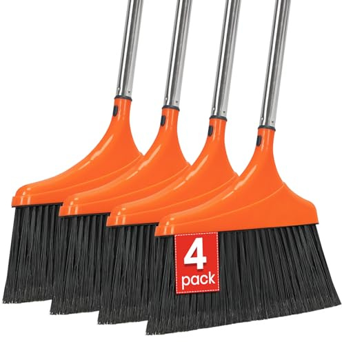 4 Pack Heavy-Duty Angle Broom for Floor Cleaning with 52 Long Handle Stiff Bristle Angle Commercial and Industrial Broom, Indoor Outdoor Broom for Garage Kitchen Office Lobby Patio