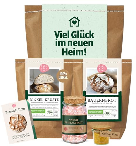 Einweihungsgeschenk für Wohnung & Haus – Brot und Salz Geschenk zum Einzug mit Bio Brotbackmischung, Naturkristallsalz im Weckglas & Gewürz – originelles Einzugsgeschenk – Bake with Love