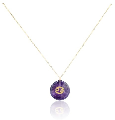 Luna Roy Hearts & Minds Collana Zodiacale, placcata in oro 18 carati, ciondolo in pietra ametista o quarzo rosa e segno zodiacale, Talla única, ajustable, Oro Oro Ametista Quarzo rosa, Ametista Quarzo