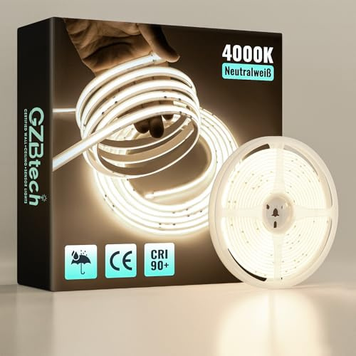 GZBtech 230V COB LED Streifen 5m 4000K Neutralweiß, CRI90+ selbstklebend Flexible silikon Lichtband, 1000lm/m Aussenbereich strip light für TV Hintergrundbeleuchtung schrank beleuchtung Schlafzimmer