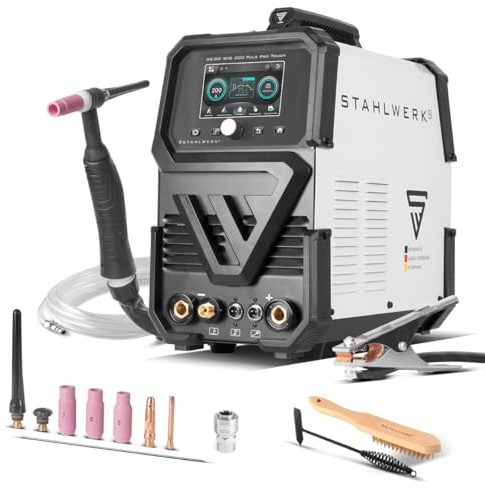 STAHLWERK Schutzgasschweißgerät AC/DC WIG 200 Puls Pro Touch | IGBT-Inverter mit 200 A, MMA-Funktion (E-Hand/ARC), Jobspeicher, Puls- / Spot-Funktion, geeignet für Alu & Dünnblech