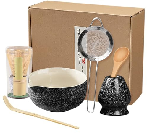 Matcha Set, 6pcs Matcha Set Whisk and Bowl (chawan), with Holder/Scoop/Sifter, Whisk Holder Matcha Whisk Set, for Making Breakfast/Matcha Latte, Women, Men, Friends, Gift for Matcha Lover (Black)