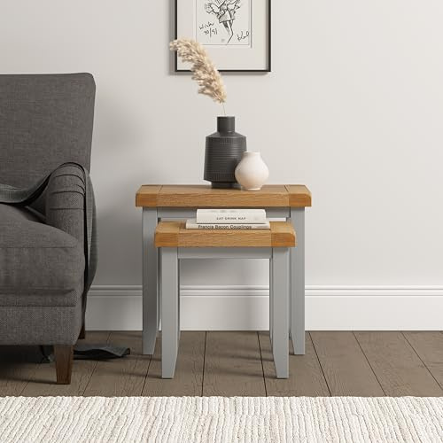 Seconique Windsor Fully Assembed Nest Of 2 Tables in Pebble Grey/Oak