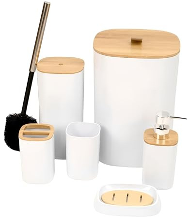 DIVCHI 6 Pieces Bathroom Accessories Set Luxury Accessory Sets Bathroom Bin And Toilet Brush Set Toothbrush Holder Tumbler Soap Dish Trash Can Soap Dispenser Bath Set Gift (White)