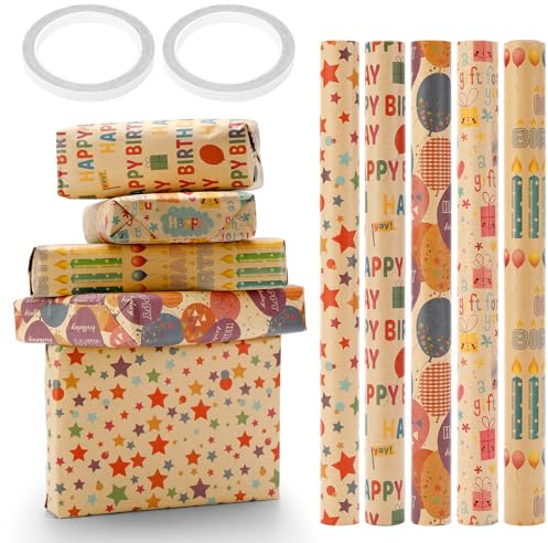 Papier Cadeau Set 5 Rouleaux Papier Cadeau Anniversaire, Rouleau de Papier d'Emballage Cadeau 43x300 Cm, Rouleau Papiers Cadeaus Recyclable, pour Toutes Les Fêtes D'Anniversaire Et Occasions Spéciales