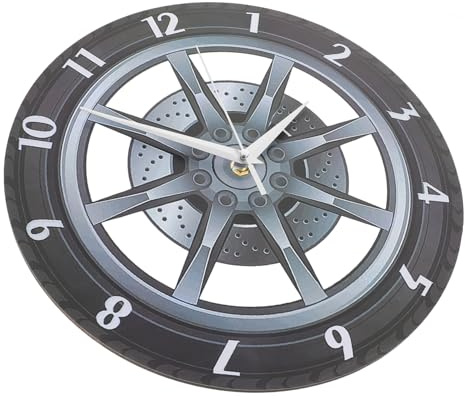 Angoily 3d Wheel Clock Wall Clock Car Wheel Design Black Acrylic Material Simulation Effect Wear Resistance Office Boys and Girls’s Room Decoration