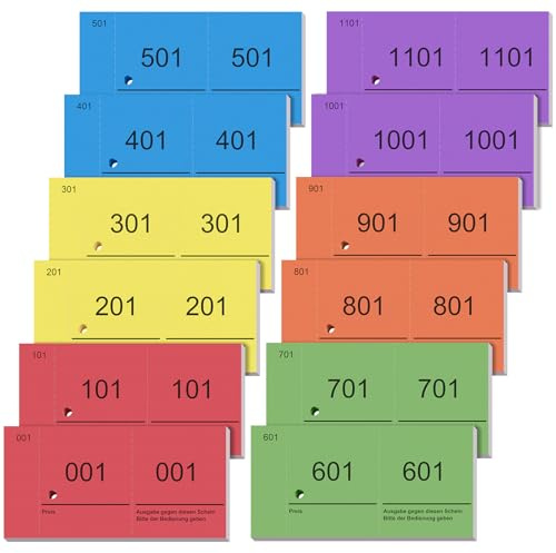 Nezyo 12 Büche Doppelnummern 1-1200 Nummernblöcke Lose Tombola Nummerierte Garderobenmarken Quittungsblock Pfandmarken Großpackung Zahlenblöcke Doppelnummernblock für Garderobe Events Party Messen