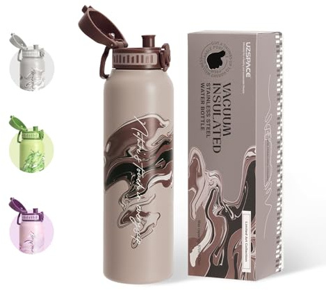 UZSPACE Gourde Isotherme 1L (970ml) en Acier Inoxydable - Bouteille Isotherme Double Paroi à Motif Artistique - Gourde Sport Adulte - Idéale pour Plein Air, Chêne Brun