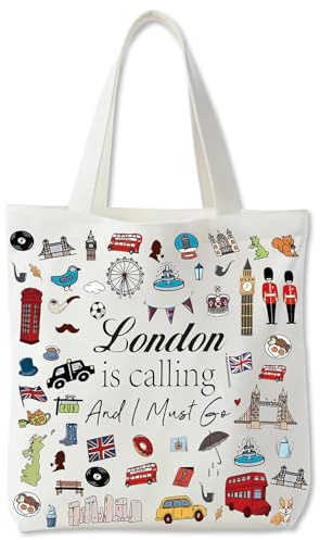 London Stoffbeutel Bedruckt Aesthetic Stofftasche Handtasche Damen, Tragbare Jutetasche Canvas Tote Bag mit Langen Henkeln Einkaufstasche London Souvenir Geschenk für Freund & Mitschüler 40 x 35 cm