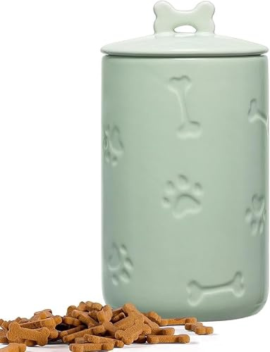 QINSDESIGNS Contenitori ermetici per alimenti per animali - 23 x 13 cm (9x5) - Ceramica - Stile contadino con motivo zampa - per crocchette e dolcetti cane e gatto - verde