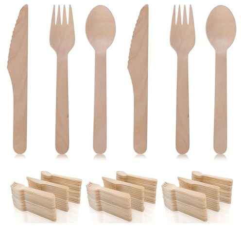 Disposable Wooden Cutlery Set, 300 Pieces Natural Wood Utensils, Splinter-Free Polished Finish, 100 Spoons, 100 Forks & 100 Knives, 6.3-inch Length, Biodegradable, Perfect for Party and Picnic Dining