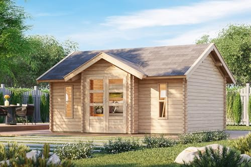 Chillroi Gartenhaus Sandstad Blockbohlenhaus 38 mm Wandstärke Firsthöhe 293cm Fläche 19m² inkl. Fußboden