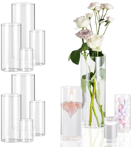 Glasvas set, set med 8, cylindrisk form, transparent, för rosor och tulpaner, modern bordsdekoration, blomvas för bröllop och vardagsrum (10, 15, 20, 25 cm, 8 st)