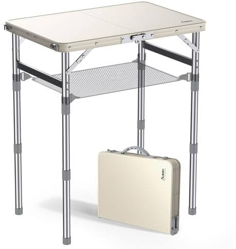 Anbte Mesa de Camping Plegable 58x40x 26/48/70 cm Alturas Regulables, Estructura de Aluminio y Tablero de Plástico, Mesa de Picnic con Red de Almacenamiento para Jardín y Camping Color Blanco