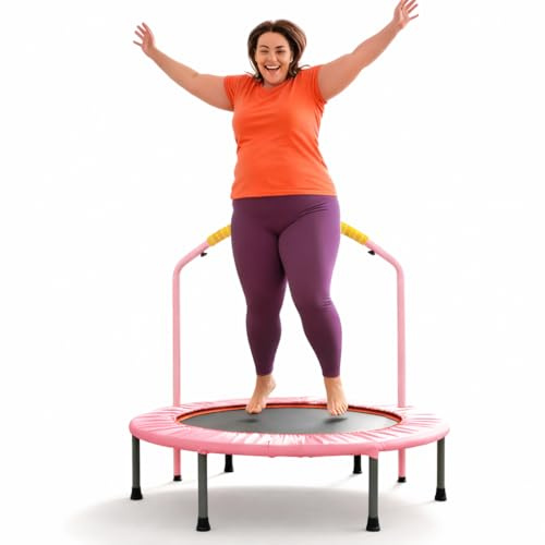 LN COZY CORNER 38'' Foldable Fitness Trampoline for Adults, Adjustable Handle Rebounder, Mini Trampoline for Indoor & Outdoor Workout, 220 lbs Capacity with Foam Handle for All Levels, Pink