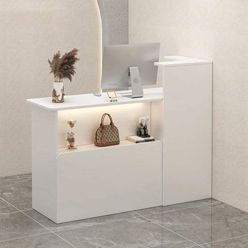 STARHMLUX Empfangstheke mit Abschließbare Schubladen, Rezeptionstheken mit Ausstellungsständer, Empfangstresen aus Holz, Kassentheke, Empfangstisch, für Büro, Laden, Salon White 120cm