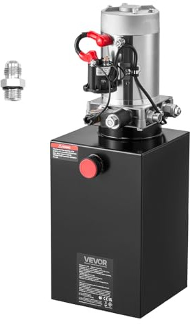 VEVOR 10 Qt Hydraulisk enhet enkel tippvagnspump, maximalt öppningstryck 22 MPa och flödeshastighet 3,4 l/min, 12 V DC hydraulpump med metallbehållare för tippvagn, svart