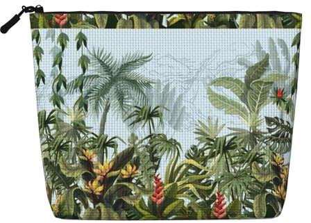 Green Palm Leaves Zippered Cosmetic Bag Large Capacity, Fake Hemp Travel Pouch Daily Use Women's Organizer