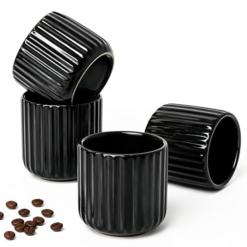 Erkundpresso. - Set de 4 Tazas de Expreso, 180ml, de Cerámica Gruesa sin Asa, Lavavajillas, Aislamiento, Color Negro, Estilo Vintage, Presentación en Caja de Regalo, Durable, textura de color única