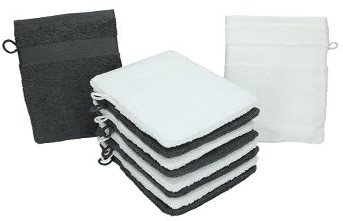 Betz Waschhandschuhe Palermo 10 Stück 16x21 cm – 100% Baumwolle 360g/m² – Weiche Frottee Waschlappen – Pflegeleicht & saugstark – Farbe Weiß/Anthrazit