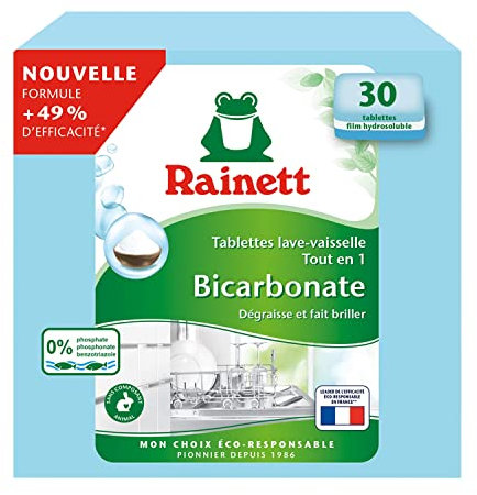 RAINETT - Pastilles Lave-Vaisselle Tout-en-Un au Bicarbonate - Résultat Brillant, Sans Traces - Etui Carton Recyclé & Recyclable - Ecolabel - 30 Tablettes