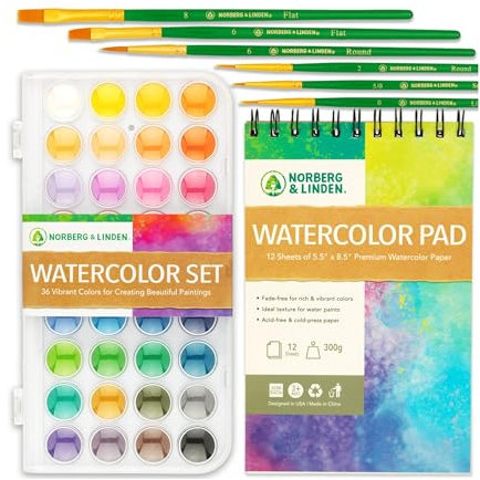 Set de Pinturas de Acuarela - 36 Pinturas de Primera Calidad - Cuaderno de 12 Páginas - 6 Pinceles - Material de Pintura con Paleta, Acuarelas, Cuaderno Artístico con Papel Especial y Pinceles