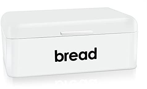 E-far Vintage Bread Box for Kitchen Countertop, White Metal Bread Storage Container Retro Bread Bin for Pastries/Loaves/Dry Food, Large Capacity & Modern Design (16.7” x 9” x 6.4”)